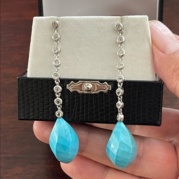 Carved turquoise howlite cz solid sterling silver drop earrings - Picture 2 of 6